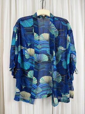 Roz & Ali 1X Sheer Kimono Blue Green Open Front Lightweight Jacket